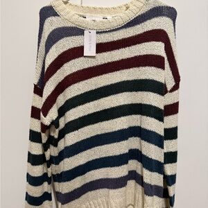Misa & Tess Cream Striped Crewneck Sweater with Multi-Color Bands